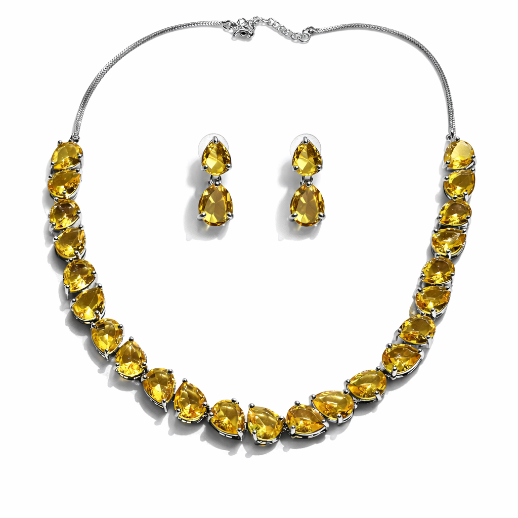 Yellow Topaz Cubic Zirconia American Diamond Silver Plated Necklace Set