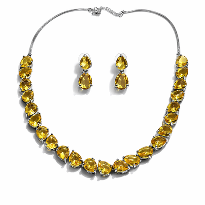 Yellow Topaz Cubic Zirconia American Diamond Silver Plated Necklace Set