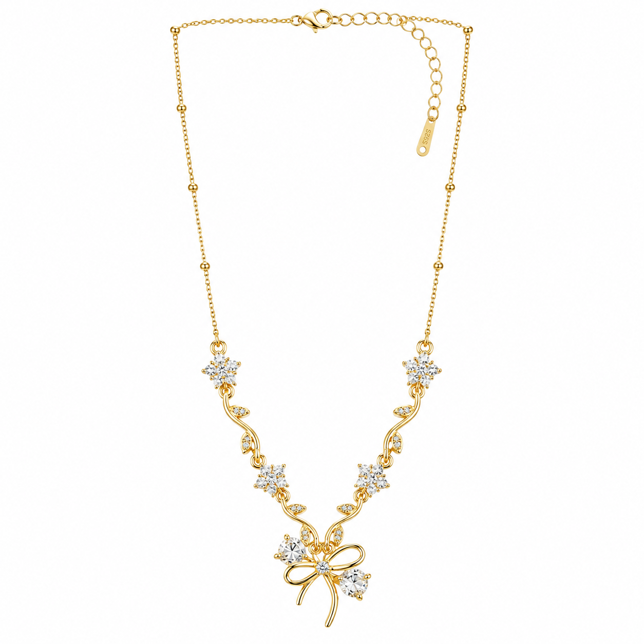 Solitaire Cubic Zirconia Bow Design American Diamond Gold Plated Stainless Steel Necklace