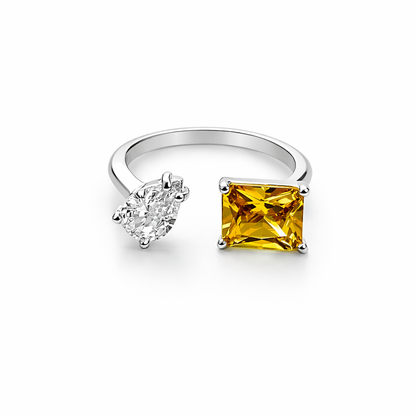 Yellow Topaz Cubic Zirconia American Diamond Silver Plated Adjustable Ring