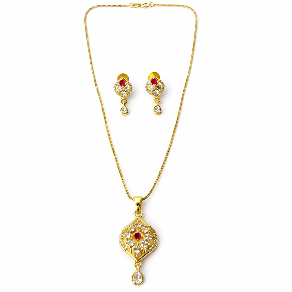 Red Ruby & Solitaire Cubic Zirconia American Diamond 1 Micron Gold Plated Pendant Set