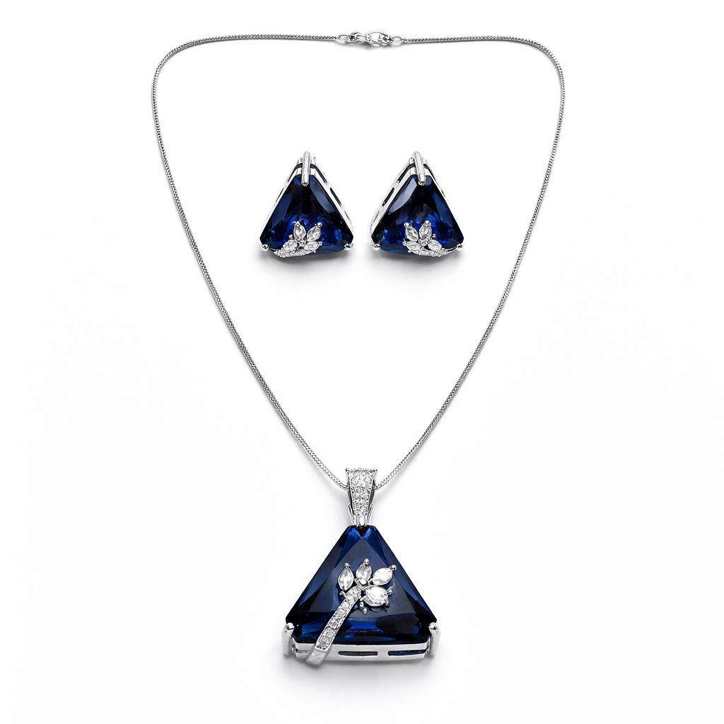 Blue Sapphire Cubic Zirconia American Diamond Silver Plated Pendant Set