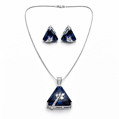 Blue Sapphire Cubic Zirconia American Diamond Silver Plated Pendant Set