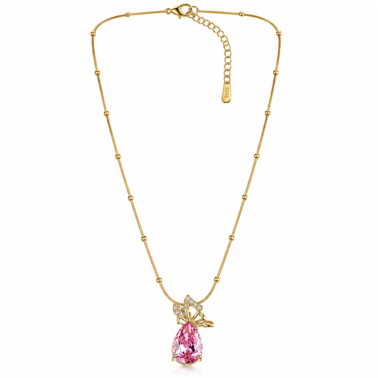 Pink Topaz Cubic Zirconia Butterfly Drop Design American Diamond Gold Plated Stainless Steel Necklace