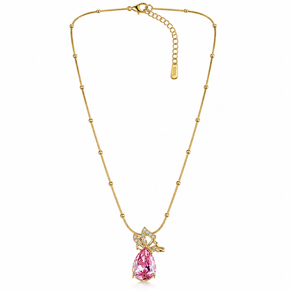 Pink Topaz Cubic Zirconia Butterfly Drop Design American Diamond Gold Plated Stainless Steel Necklace