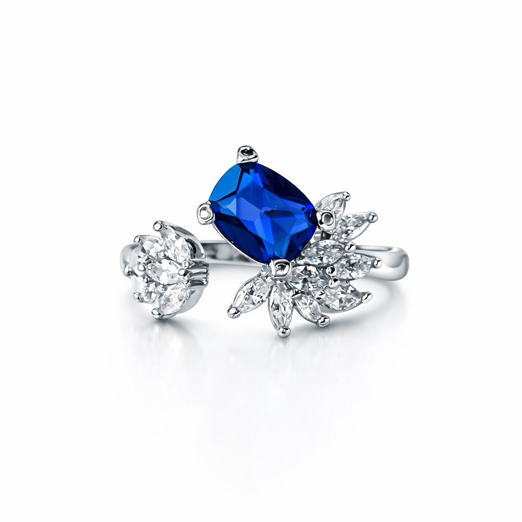 Blue Sapphire Cubic Zirconia Ice Cut American Diamond Silver Plated Adjustable Ring