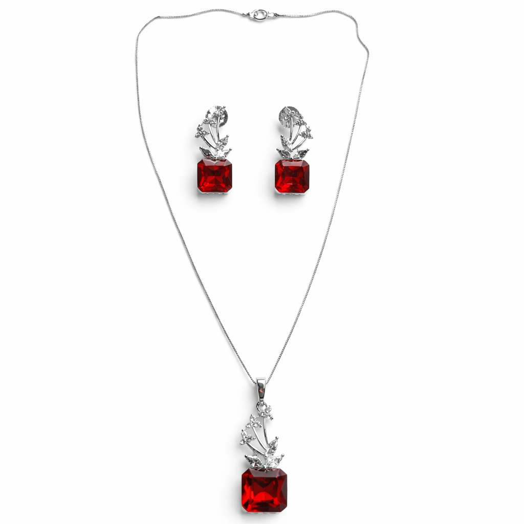 Red Siam Swarovski Crystal American Diamond Silver Plated Pendant Set