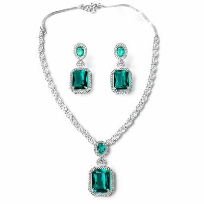 Sea Green Topaz Cubic Zirconia American Diamond Silver Plated Necklace Set