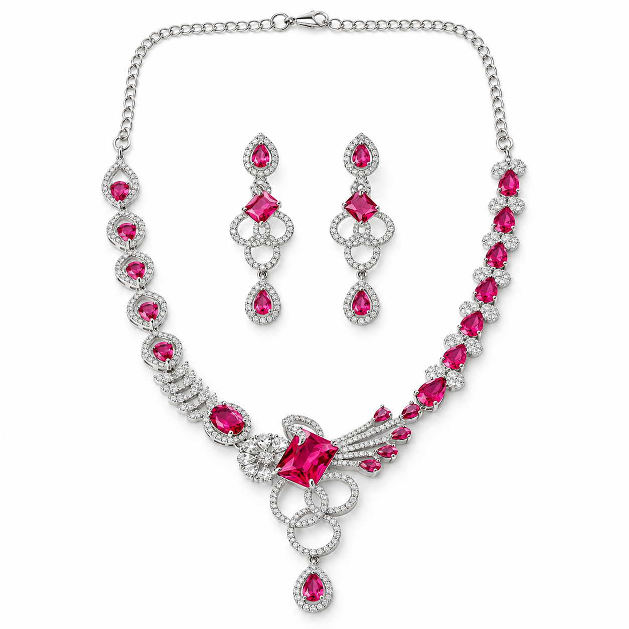 Red Ruby Cubic Zirconia American Diamond Silver Plated Necklace Set