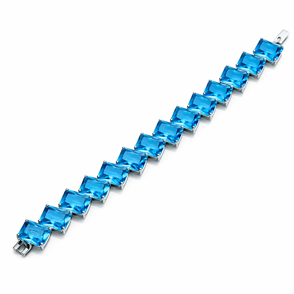 Aqua Blue Sapphire Cubic Zirconia American Diamond Silver Plated Chain Bracelet