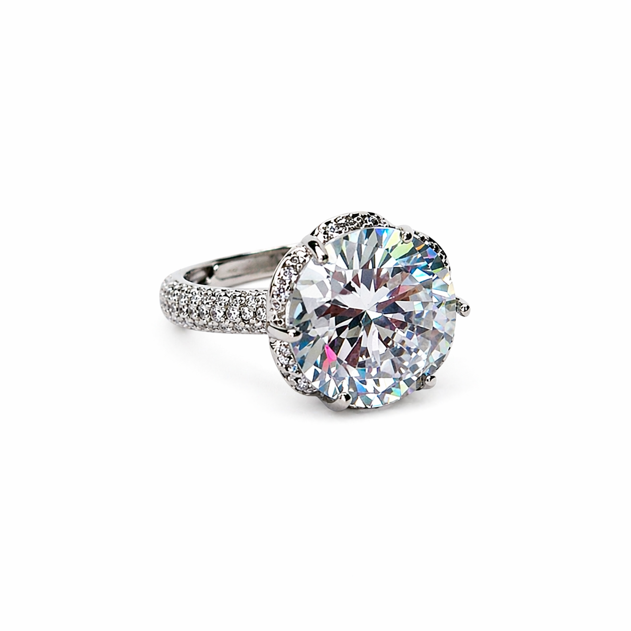 White Cubic Zirconia Ice Cut American Diamond Silver Plated Adjustable Ring