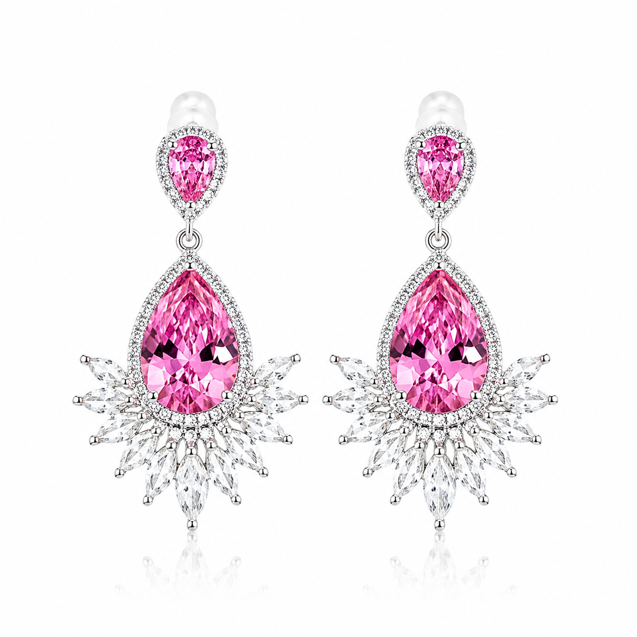 Pink Topaz Cubic Zirconia Ice Cut American Diamond Silver Plated Earrings