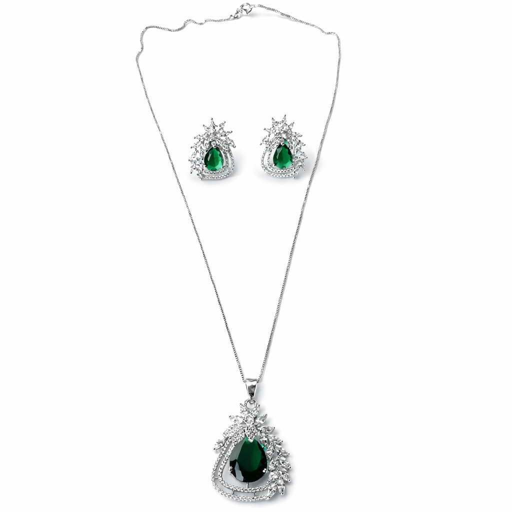 Green Emerald Cubic Zirconia American Diamond Silver Plated Pendant Set