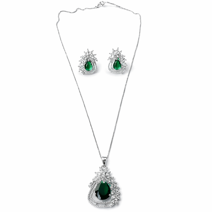 Green Emerald Cubic Zirconia American Diamond Silver Plated Pendant Set