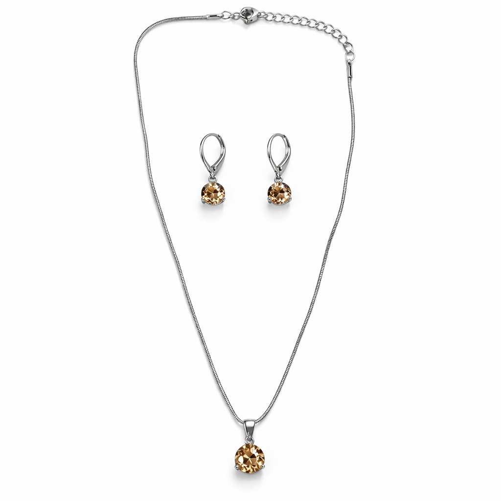 Smoked Topaz Cubic Zirconia American Diamond Silver Plated Pendant Set