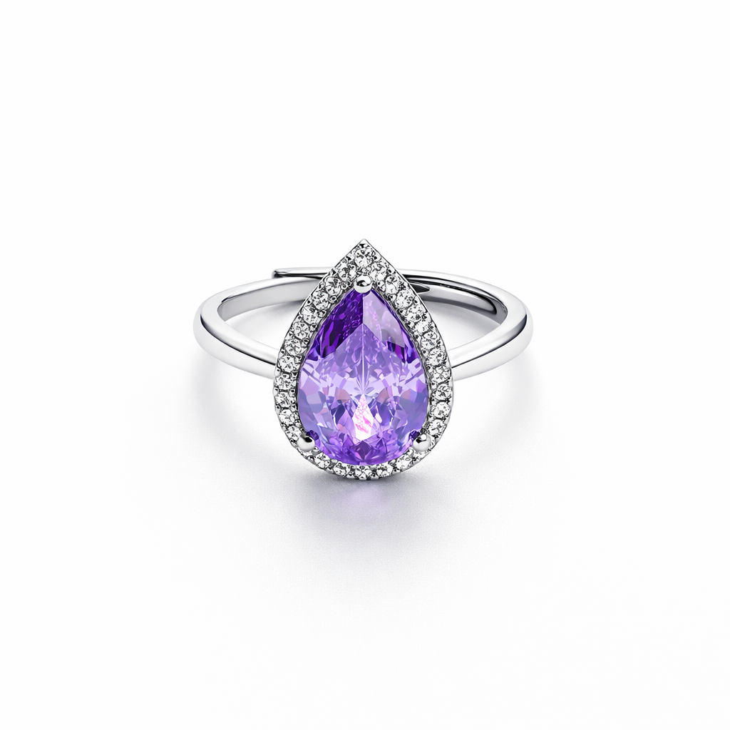 Light Purple Amethyst Cubic Zirconia Ice Cut American Diamond Silver Plated Adjustable Ring