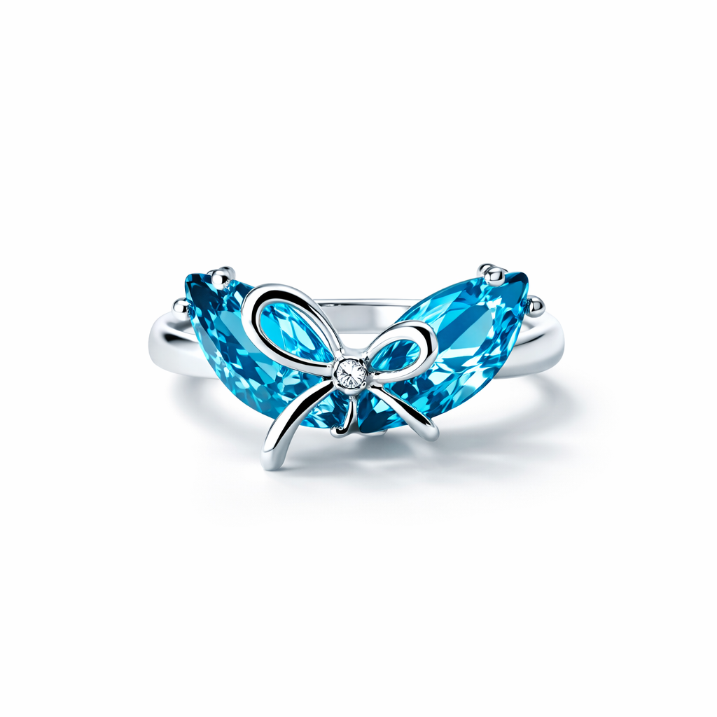 Aqua Blue Sapphire Cubic Zirconia American Diamond Silver Plated Adjustable Ring