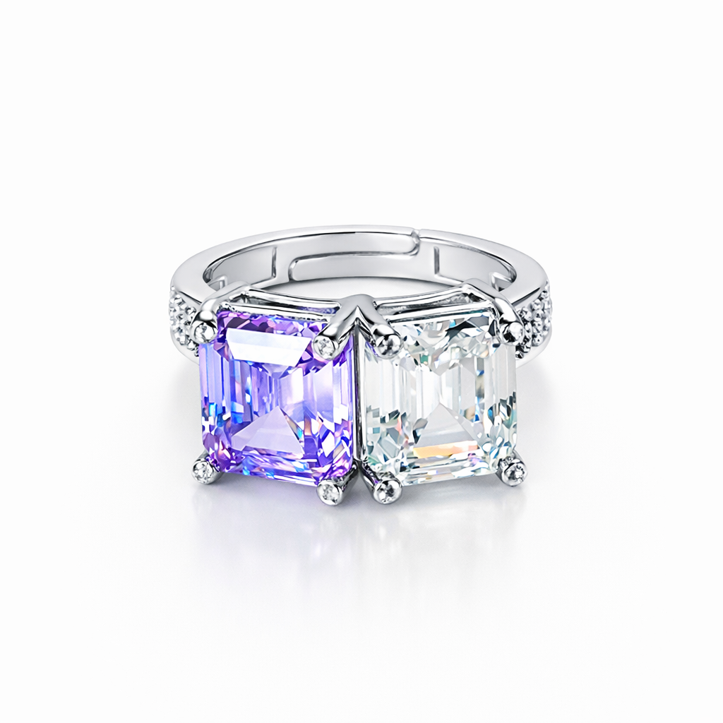 Light Purple Amethyst & Solitaire Cubic Zirconia Ice Cut American Diamond Silver Plated Adjustable RIng
