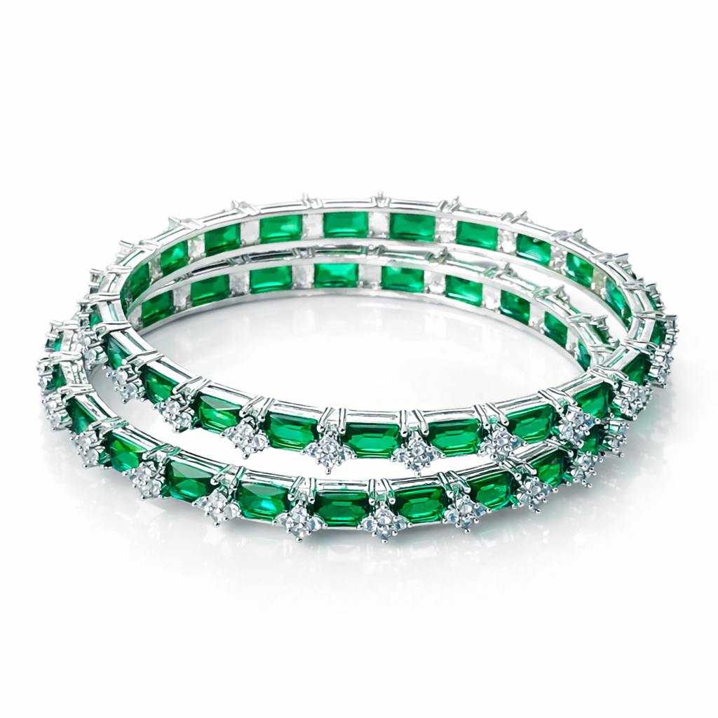 Green Emerald Cubic Zirconia American Diamond Silver Plated Bangles, Set of 2