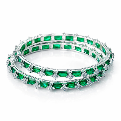 Green Emerald Cubic Zirconia American Diamond Silver Plated Bangles, Set of 2