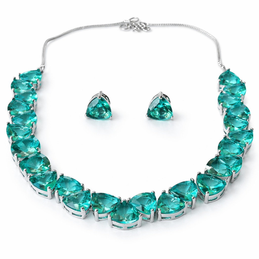 Sea Green Topaz Cubic Zirconia American Diamond Silver Plated Necklace Set