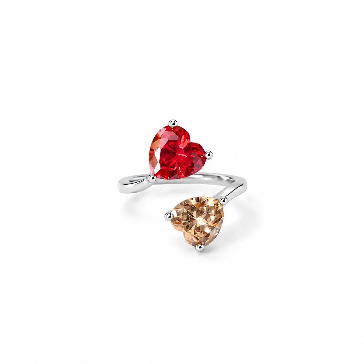 Red Ruby/Champagne Cubic Zirconia Ice Cut American Diamond Silver Plated Adjustable Ring