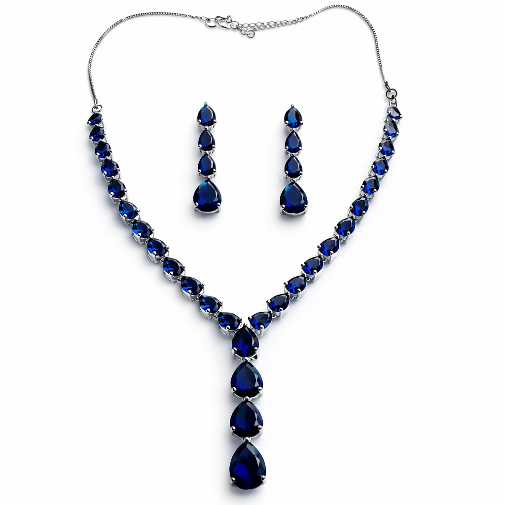 Blue Sapphire Cubic Zirconia American Diamond Silver Plated Necklace Set