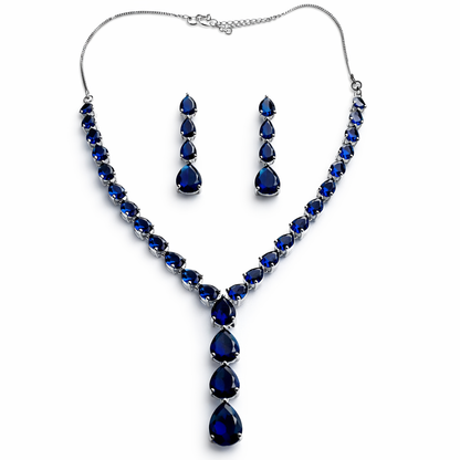 Blue Sapphire Cubic Zirconia American Diamond Silver Plated Necklace Set