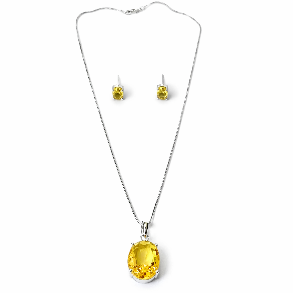 Yellow Topaz Cubic Zirconia American Diamond Silver Plated Pendant Set