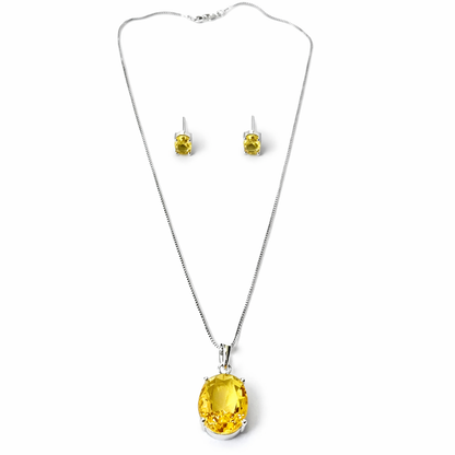 Yellow Topaz Cubic Zirconia American Diamond Silver Plated Pendant Set