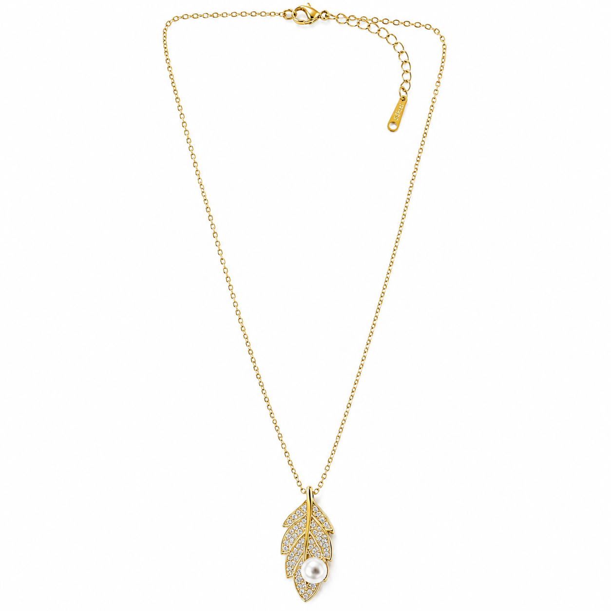 Leaf Design Pearl Studded American Diamond Gold Plated Stainless Steel Necklace