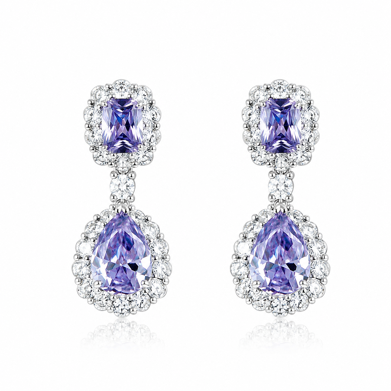 Light Purple Amethyst Cubic Zirconia Ice Cut American Diamond Silver Plated Earrings
