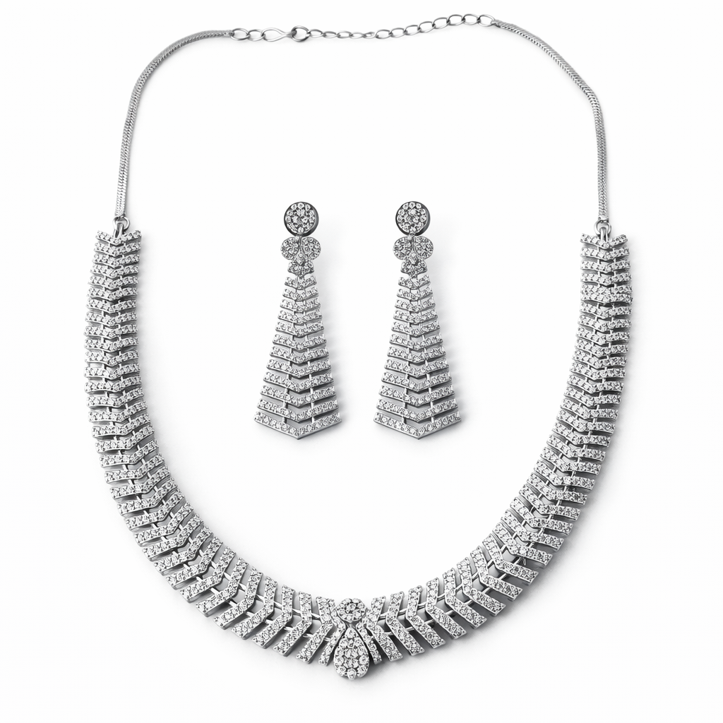 Solitaire Cubic Zirconia American Diamond Silver Plated Necklace Set