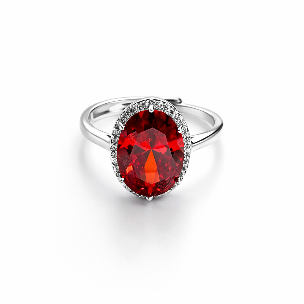 Red Ruby Cubic Zirconia Ice Cut American Diamond Silver Plated Adjustable Ring