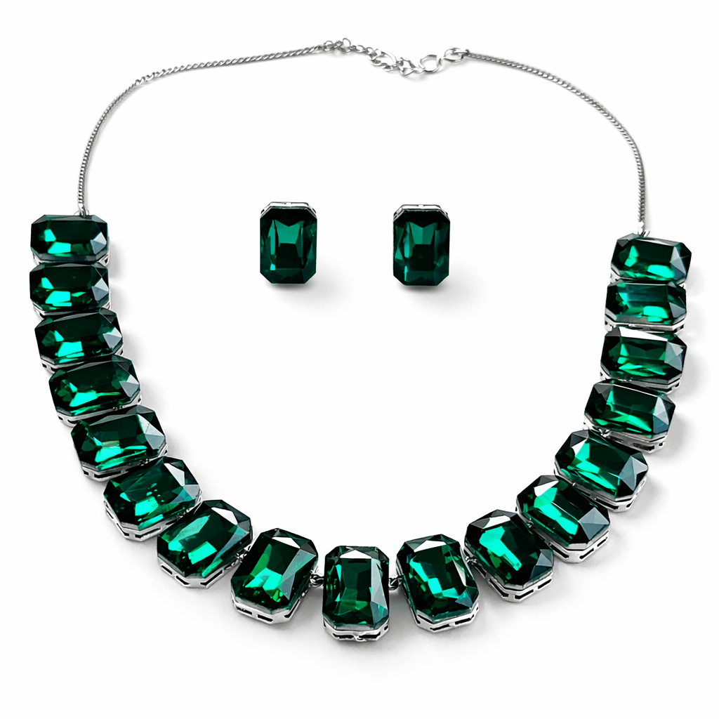 Green Emerald Swarovski Crystal American Diamond Silver Plated Necklace Set