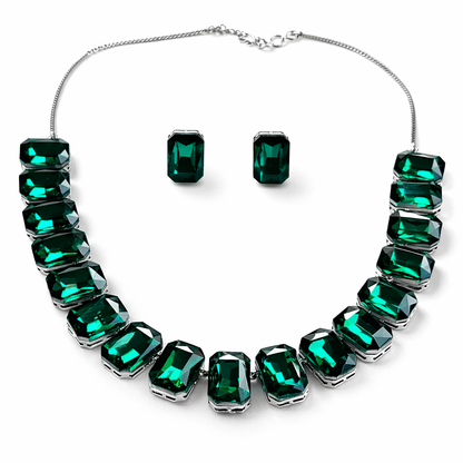 Green Emerald Swarovski Crystal American Diamond Silver Plated Necklace Set