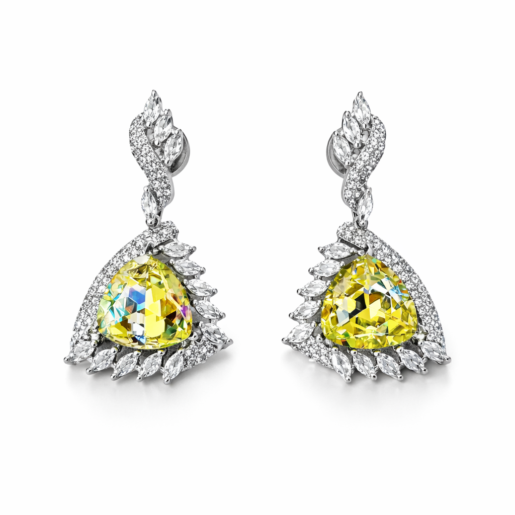 Lime Yellow Swarovski Crystal American Diamond Silver Plated Earrings