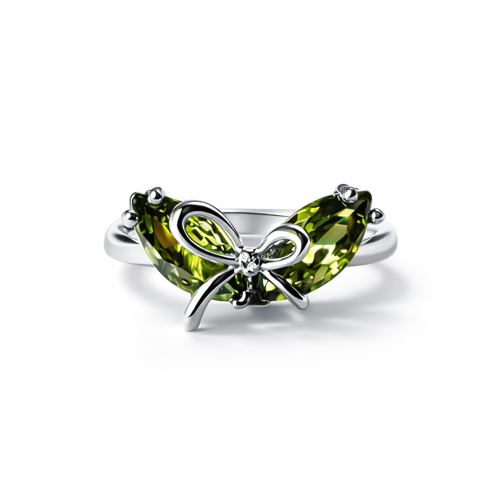 Olive Green Cubic Zirconia American Diamond Silver Plated Adjustable Ring