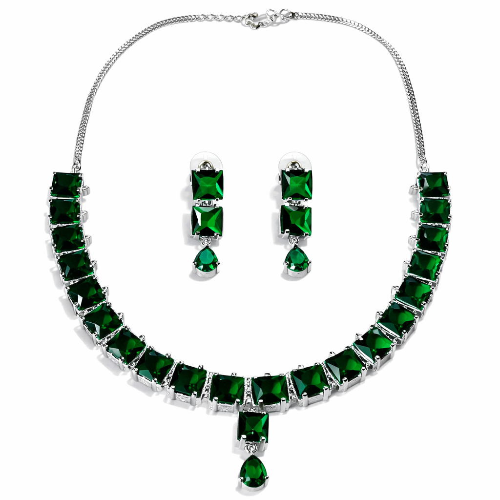 Green Emerald Cubic Zirconia American Diamond Silver Plated Necklace Set