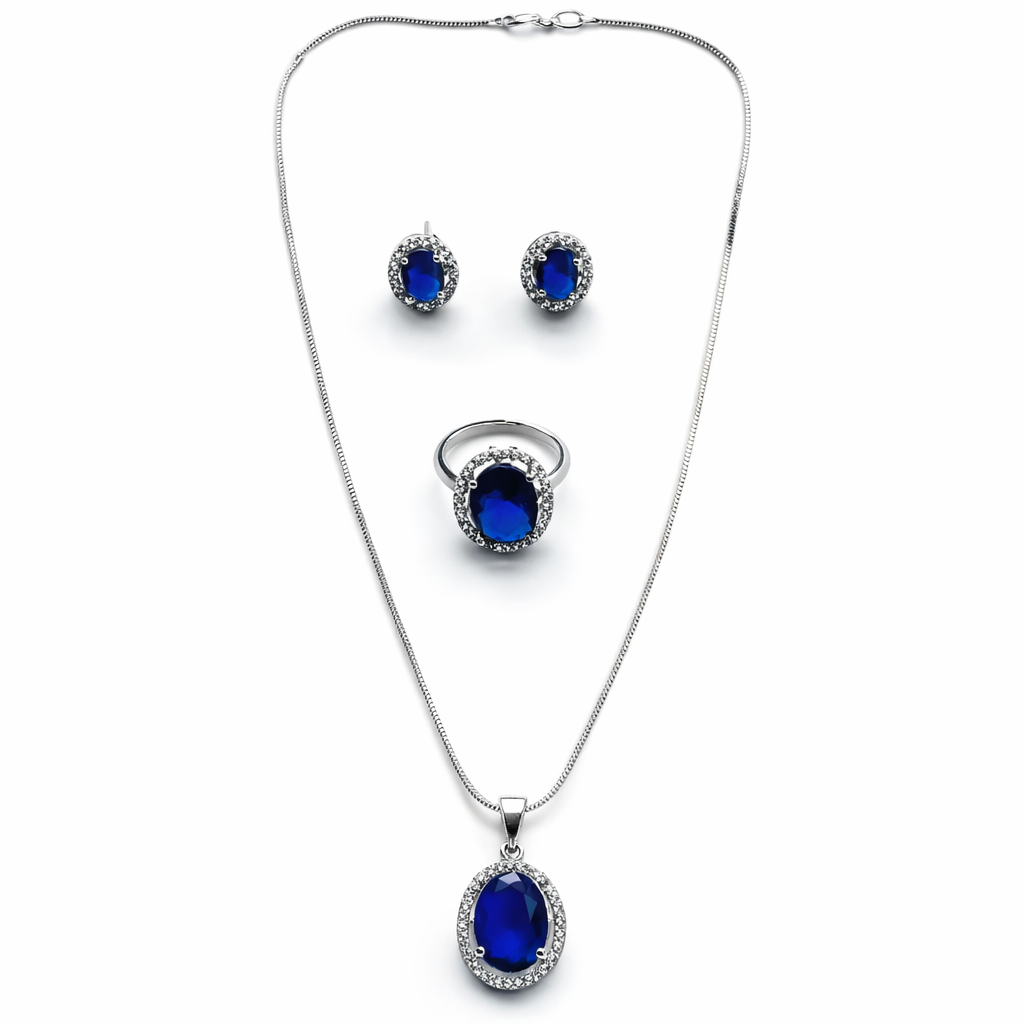 Blue Sapphire Cubic Zirconia American Diamond Silver Plated Pendant Set