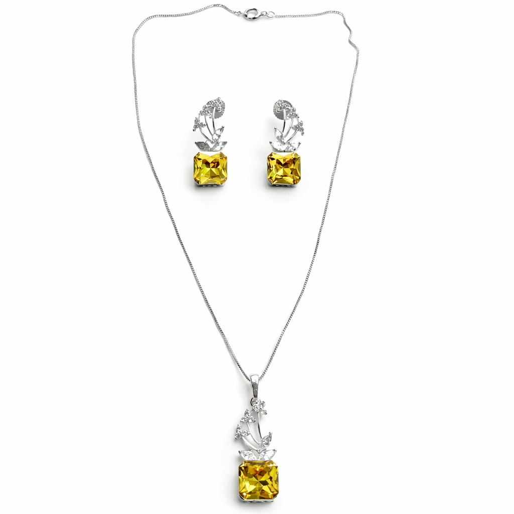 Light Yellow Topaz Swarovski Crystal American Diamond Silver Plated Pendant Set