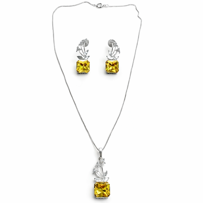 Light Yellow Topaz Swarovski Crystal American Diamond Silver Plated Pendant Set