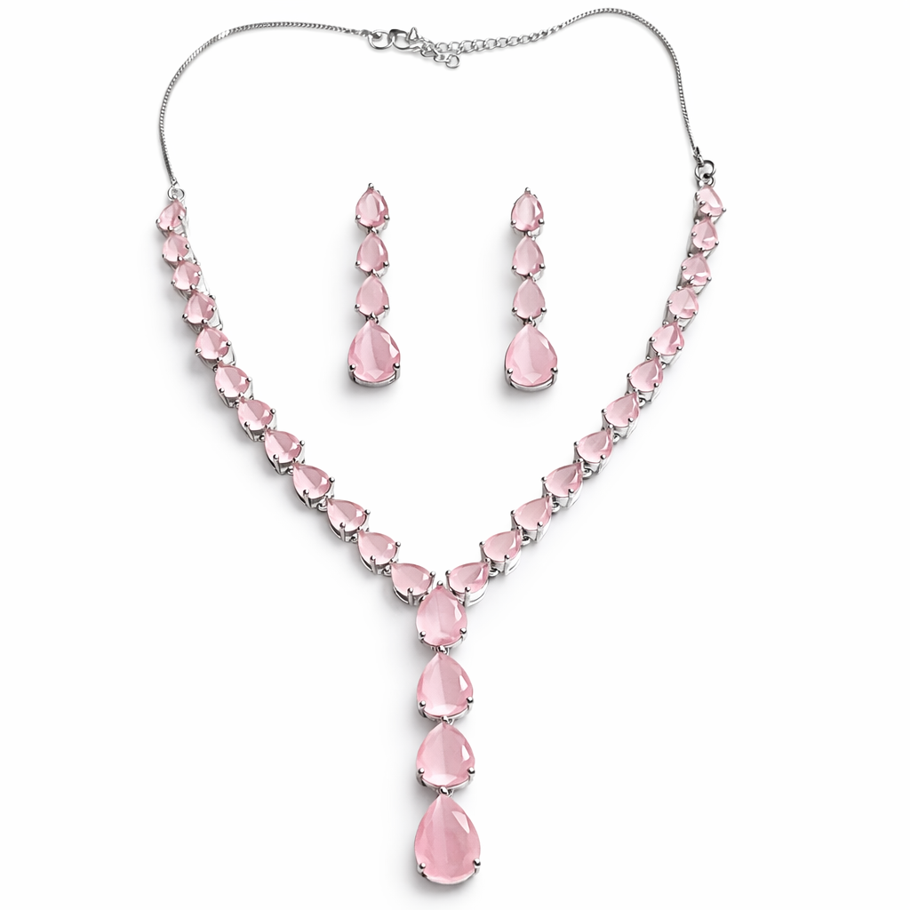 Pink Topaz Cubic Zirconia American Diamond Silver Plated Necklace Set