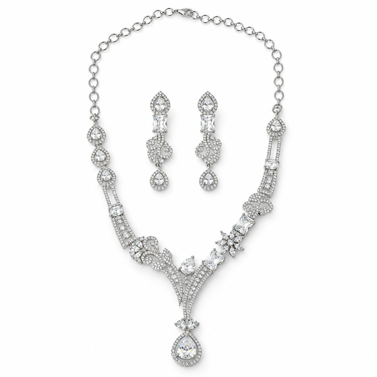 Solitaire Cubic Zirconia American Diamond Silver Plated Necklace Set