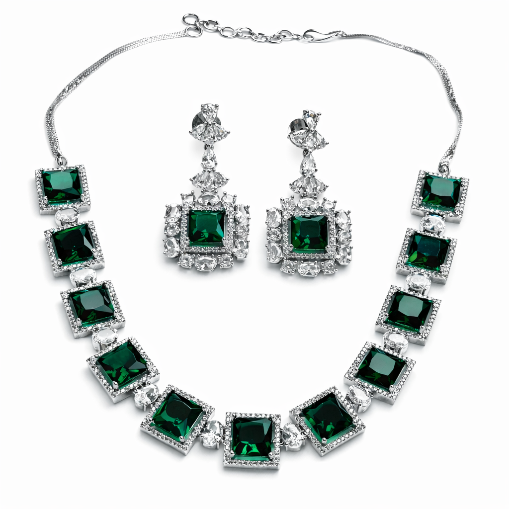 Green Emerald Cubic Zirconia American Diamond Silver Plated Necklace Set