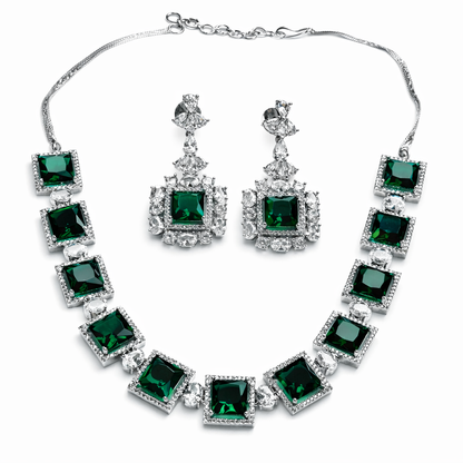 Green Emerald Cubic Zirconia American Diamond Silver Plated Necklace Set