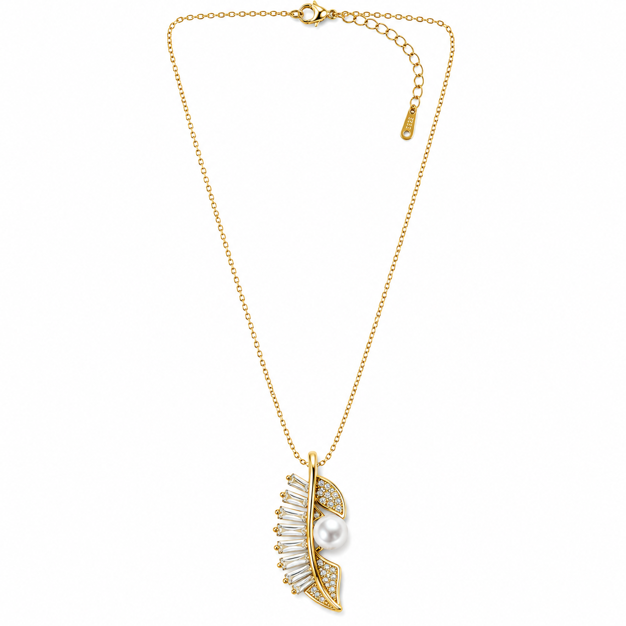 Leaf Design Pearl Studded American Diamond Gold Plated Stainless Steel Necklace