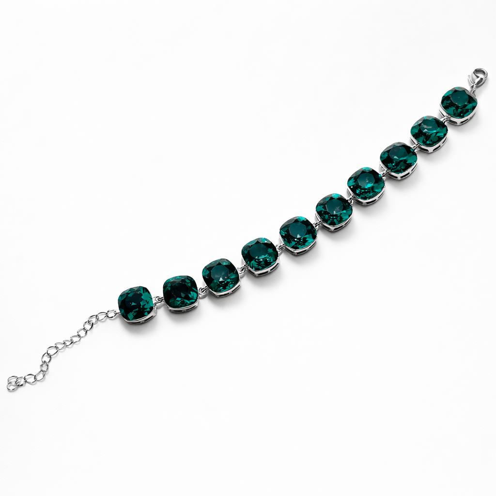 Green Emerald Swarovski Crystals Silver Plated Chain Bracelet
