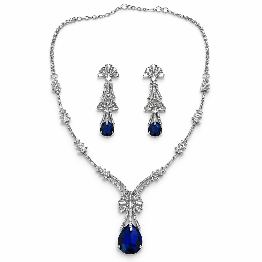 Blue Sapphire Cubic Zirconia American Diamond Silver Plated Necklace Set