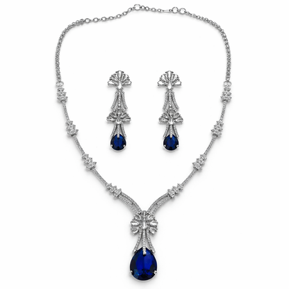 Blue Sapphire Cubic Zirconia American Diamond Silver Plated Necklace Set